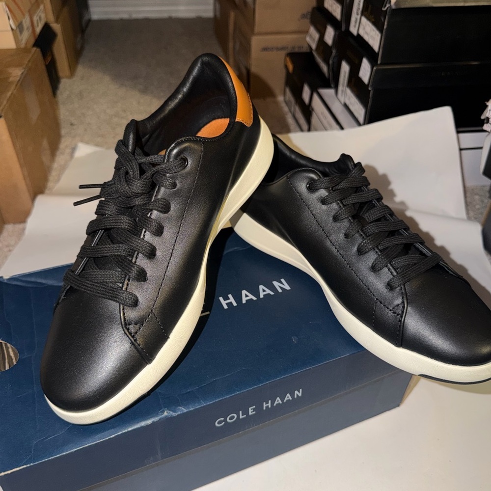 Cole Haan Grandpro Tennis Black Leather Sneaker with British Tan Heel